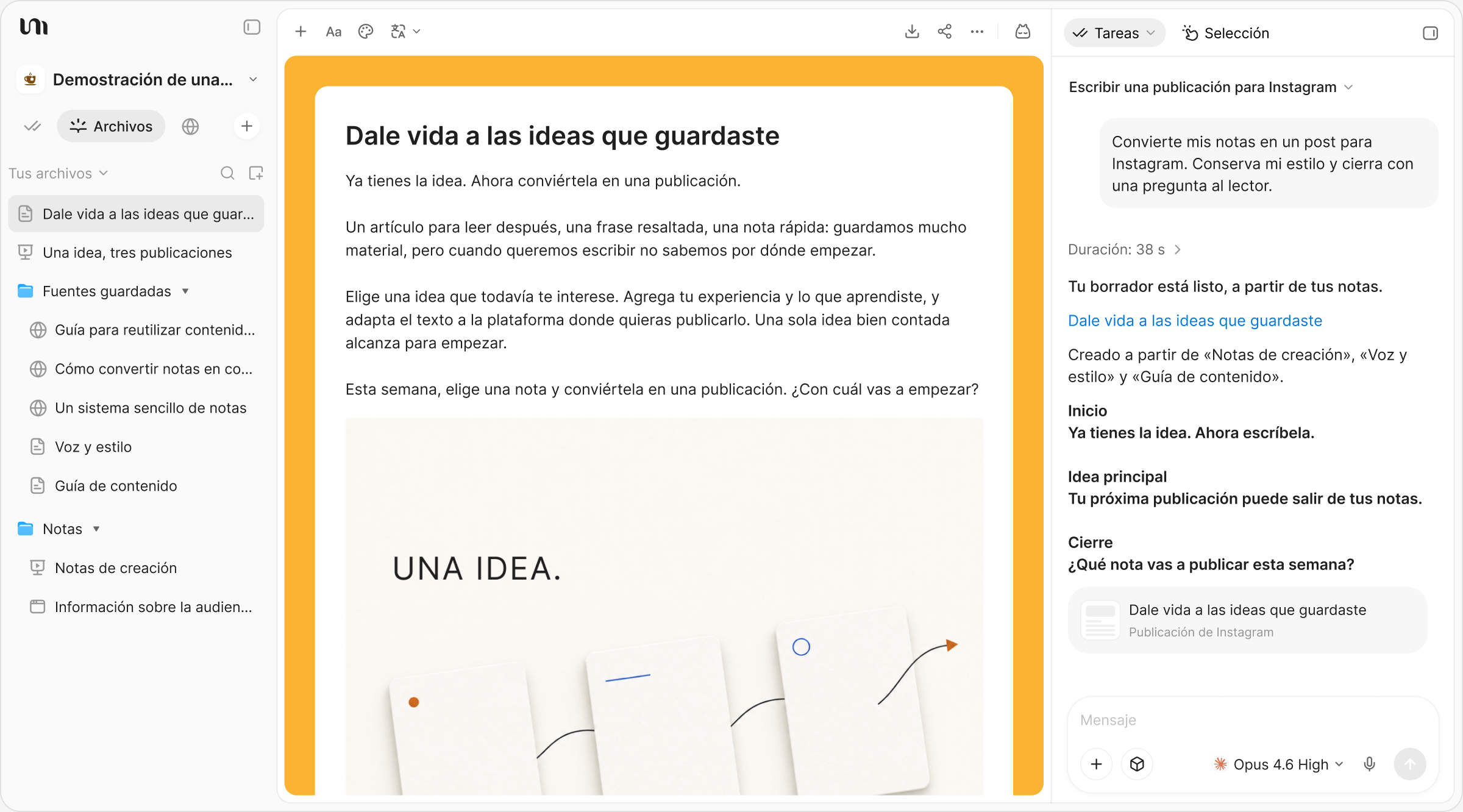 Una publicación con una imagen acorde al contenido, creadas a partir de notas guardadas en YouMind