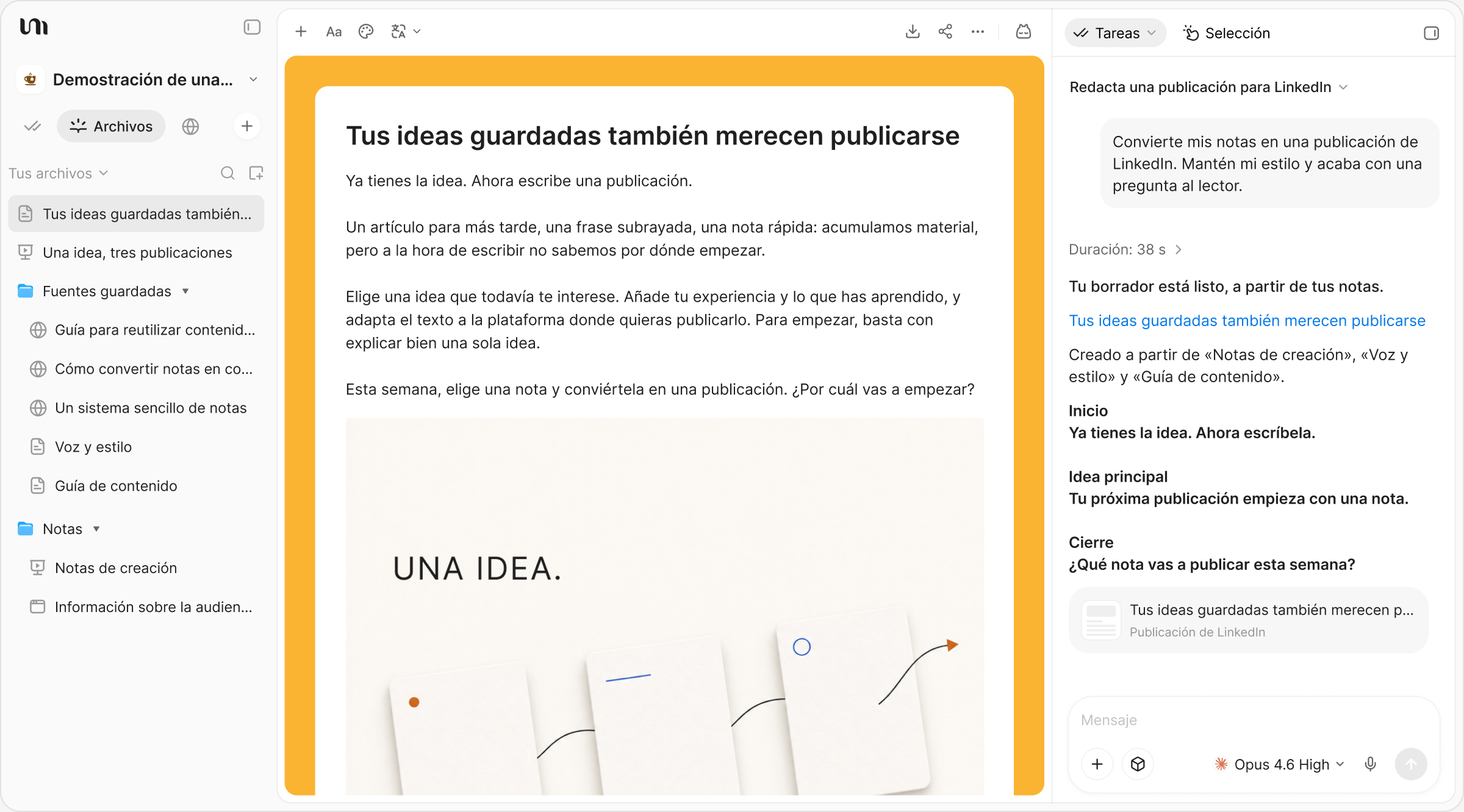 Una publicación y una imagen a juego creadas a partir de notas guardadas en YouMind