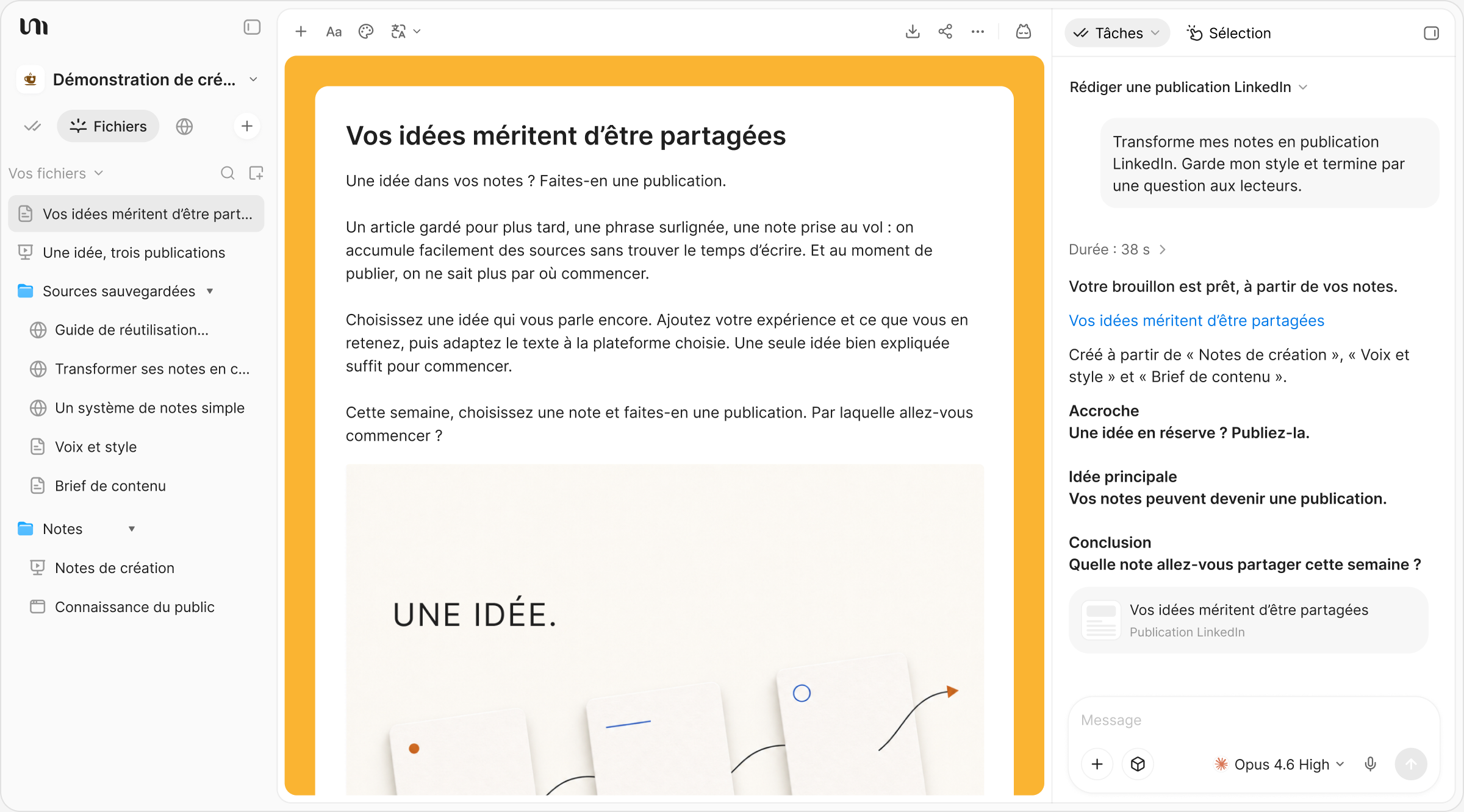 Une publication et son visuel créés à partir de notes enregistrées dans YouMind
