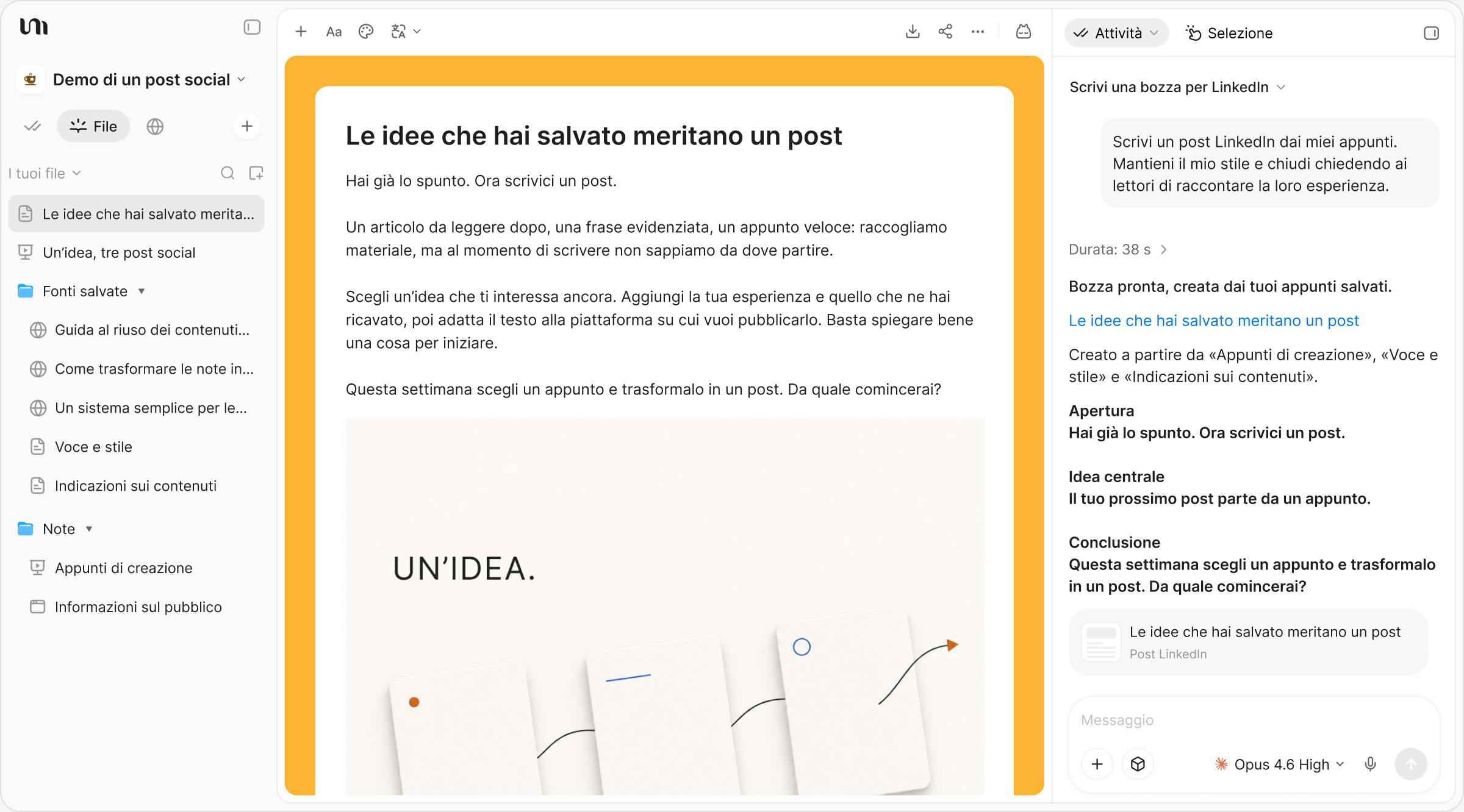 Un post social con un’immagine abbinata, creati dagli appunti salvati in YouMind