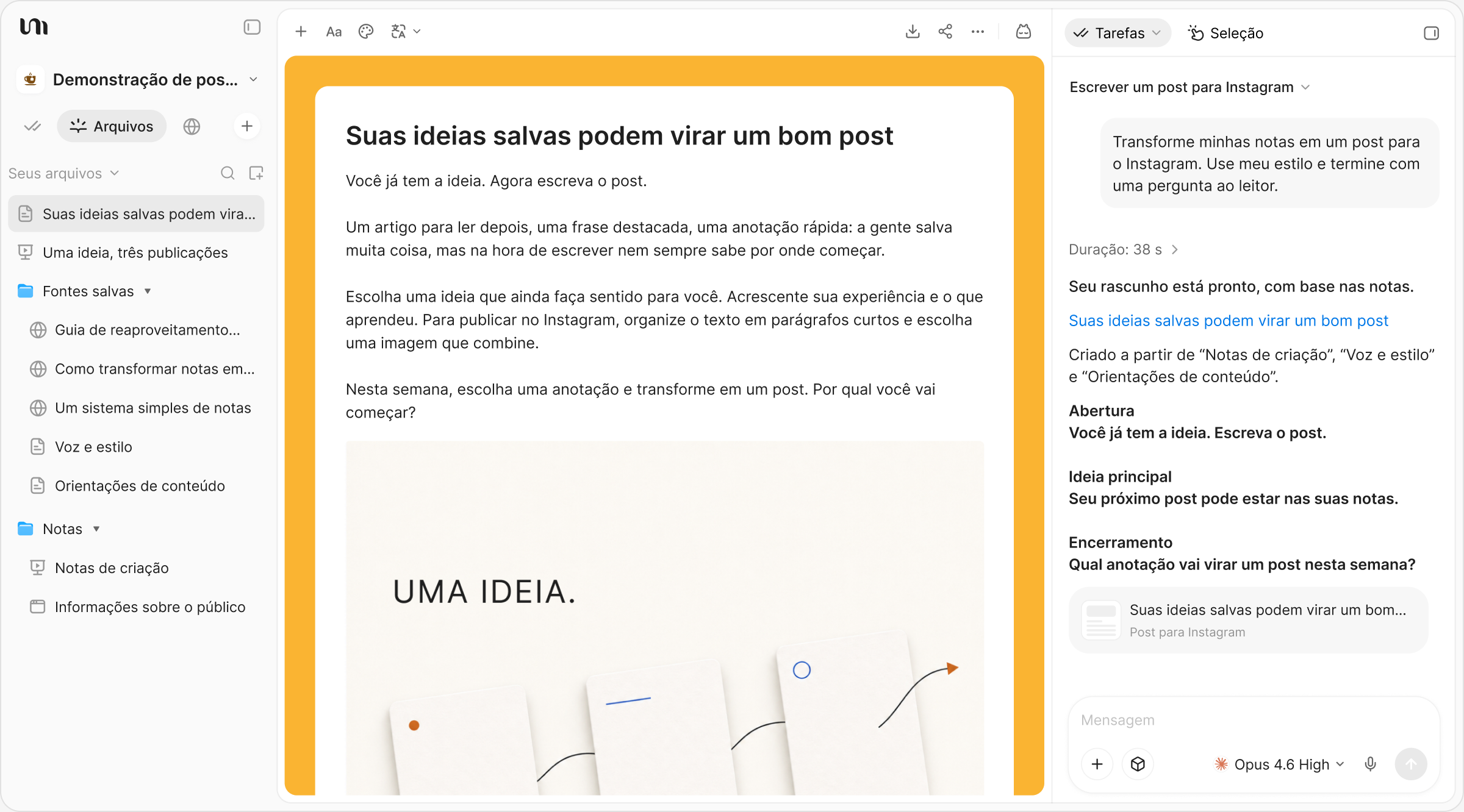 Um post e uma imagem que combina com ele, criados a partir de notas salvas no YouMind