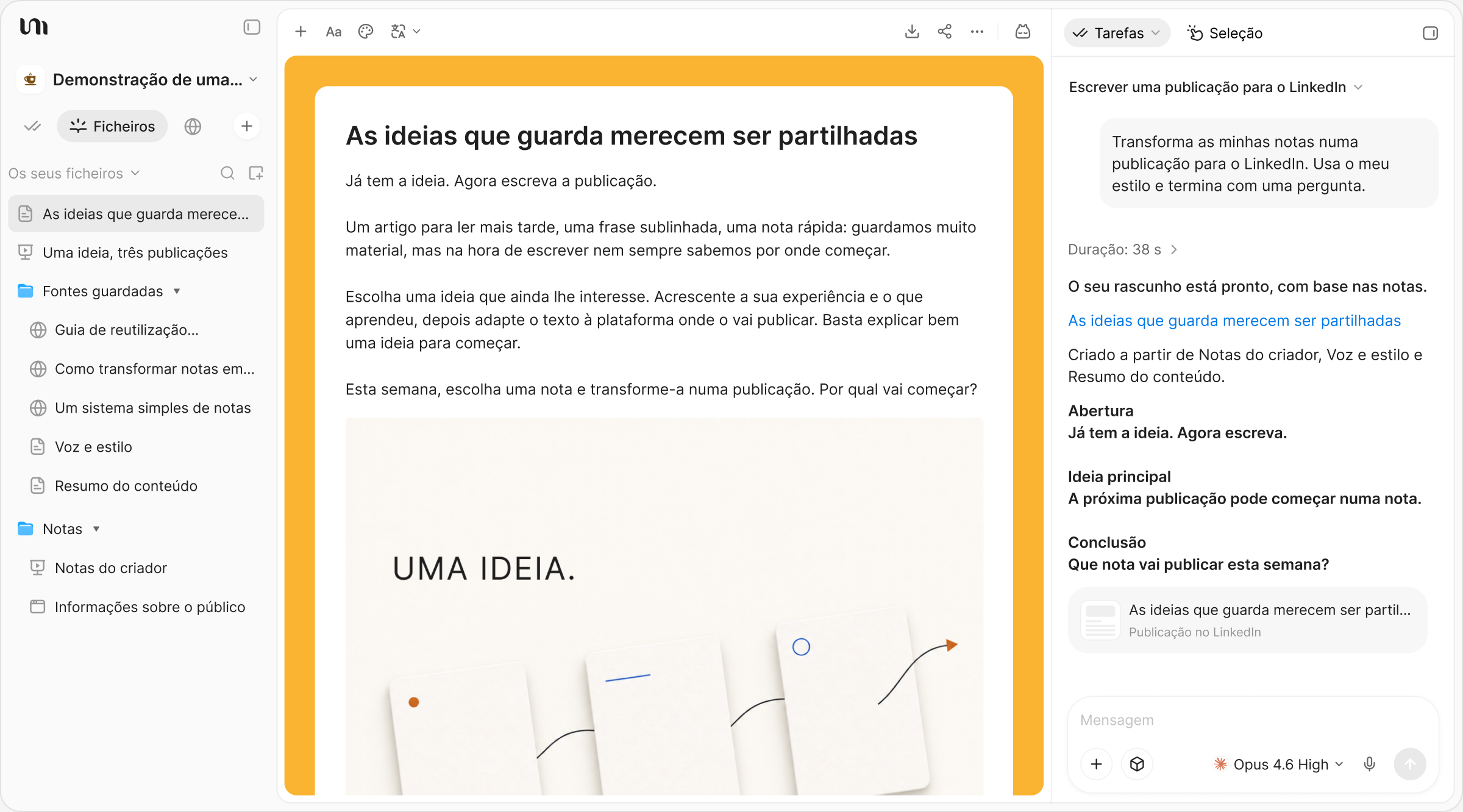 Uma publicação e uma imagem a condizer criadas a partir de notas guardadas no YouMind