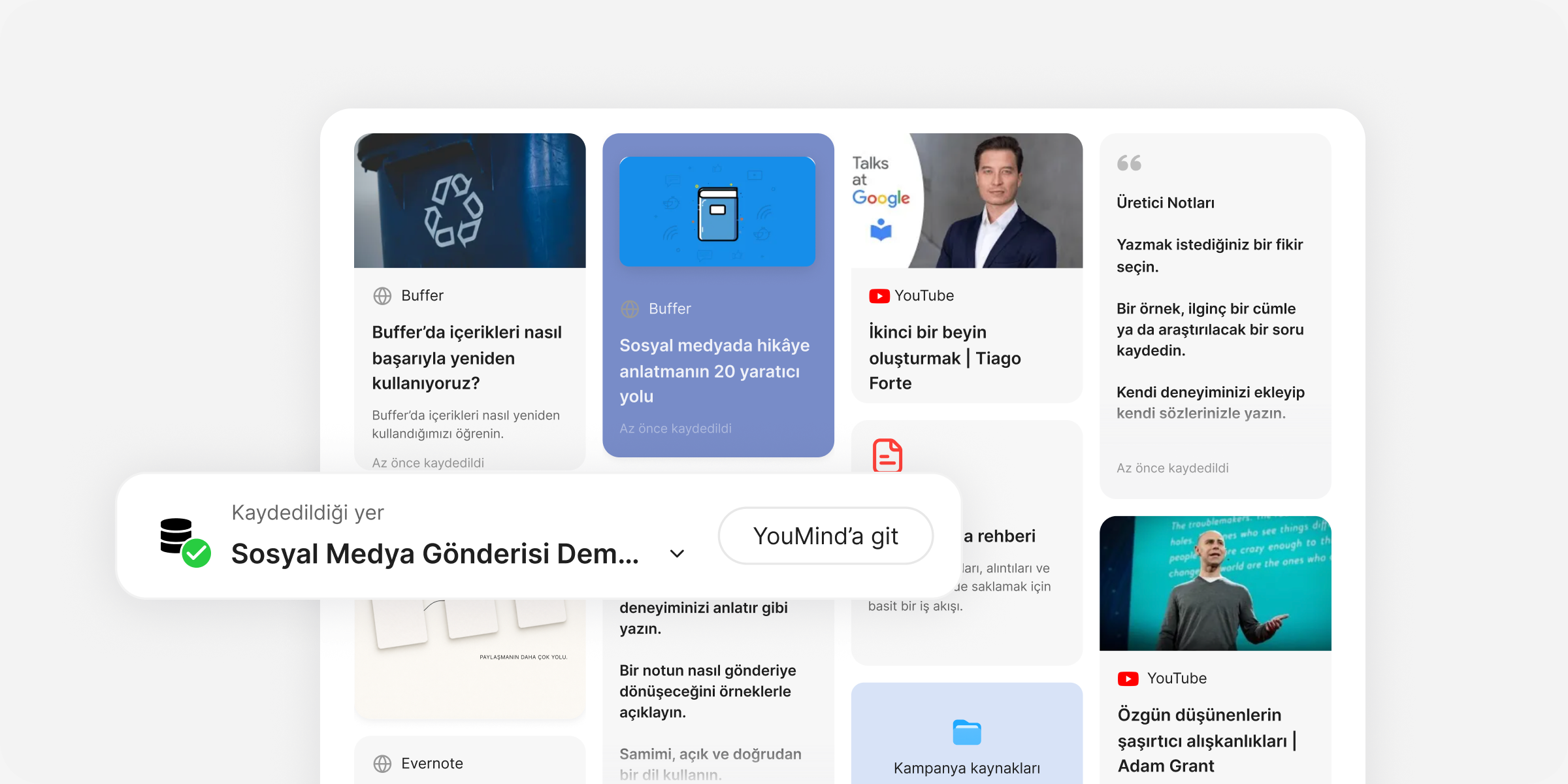 Toplayın: Web sayfaları, videolar, PDF'ler, notlar, seçili alıntılar veya bütün bir pano ekleyin.