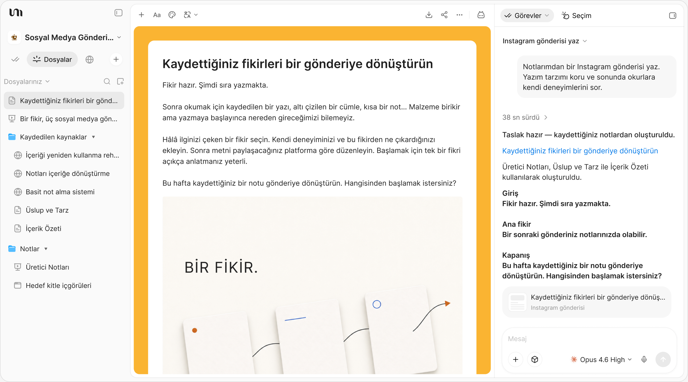 YouMind'da kaydedilmiş notlardan oluşturulan bir sosyal medya gönderisi ve uyumlu görsel