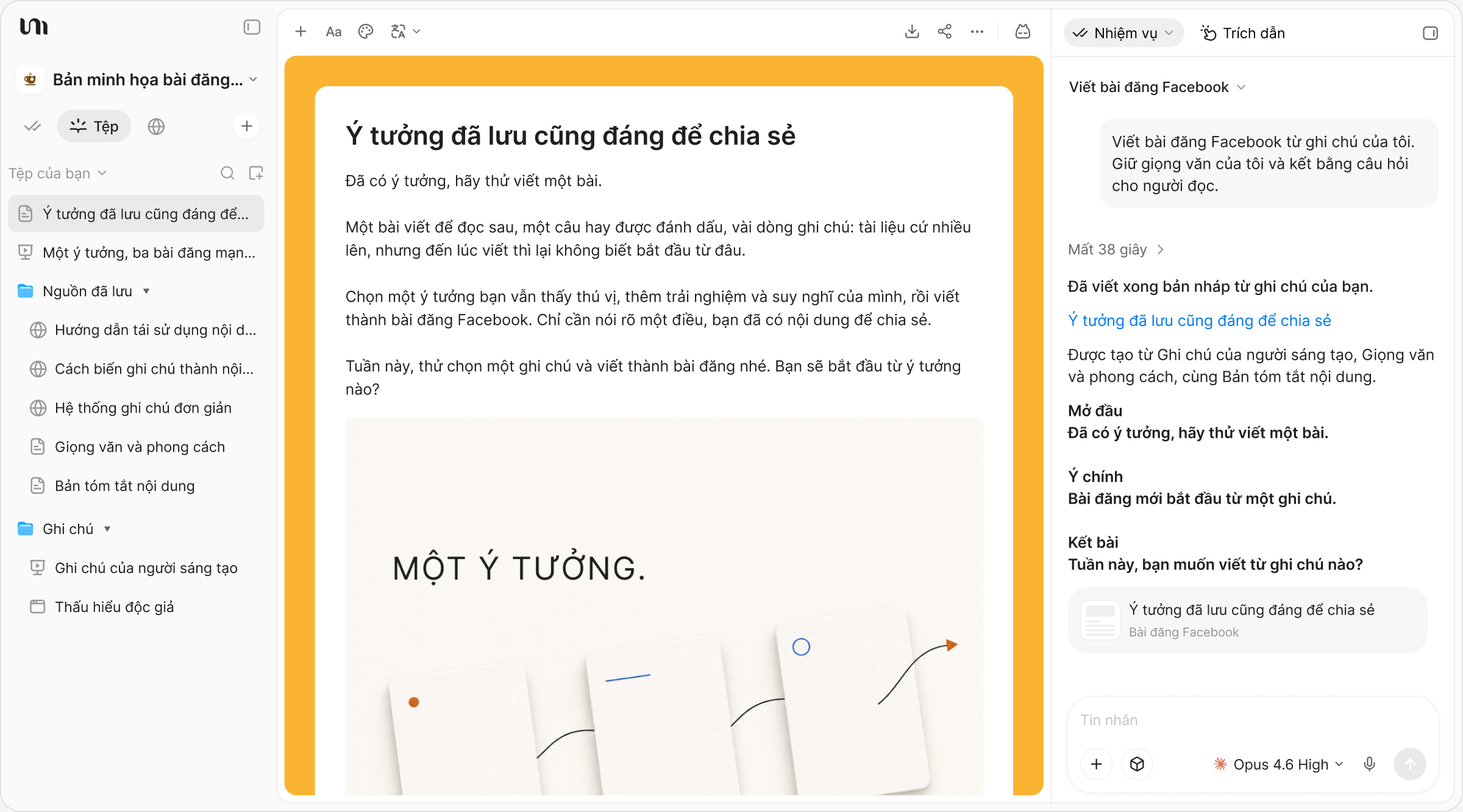 Bài đăng mạng xã hội và hình ảnh đi kèm được tạo từ ghi chú đã lưu trong YouMind