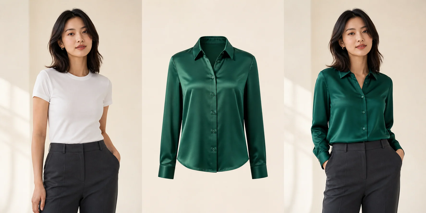 A virtual try on example showing a person photo, a green blouse, and the person wearing the blouse
